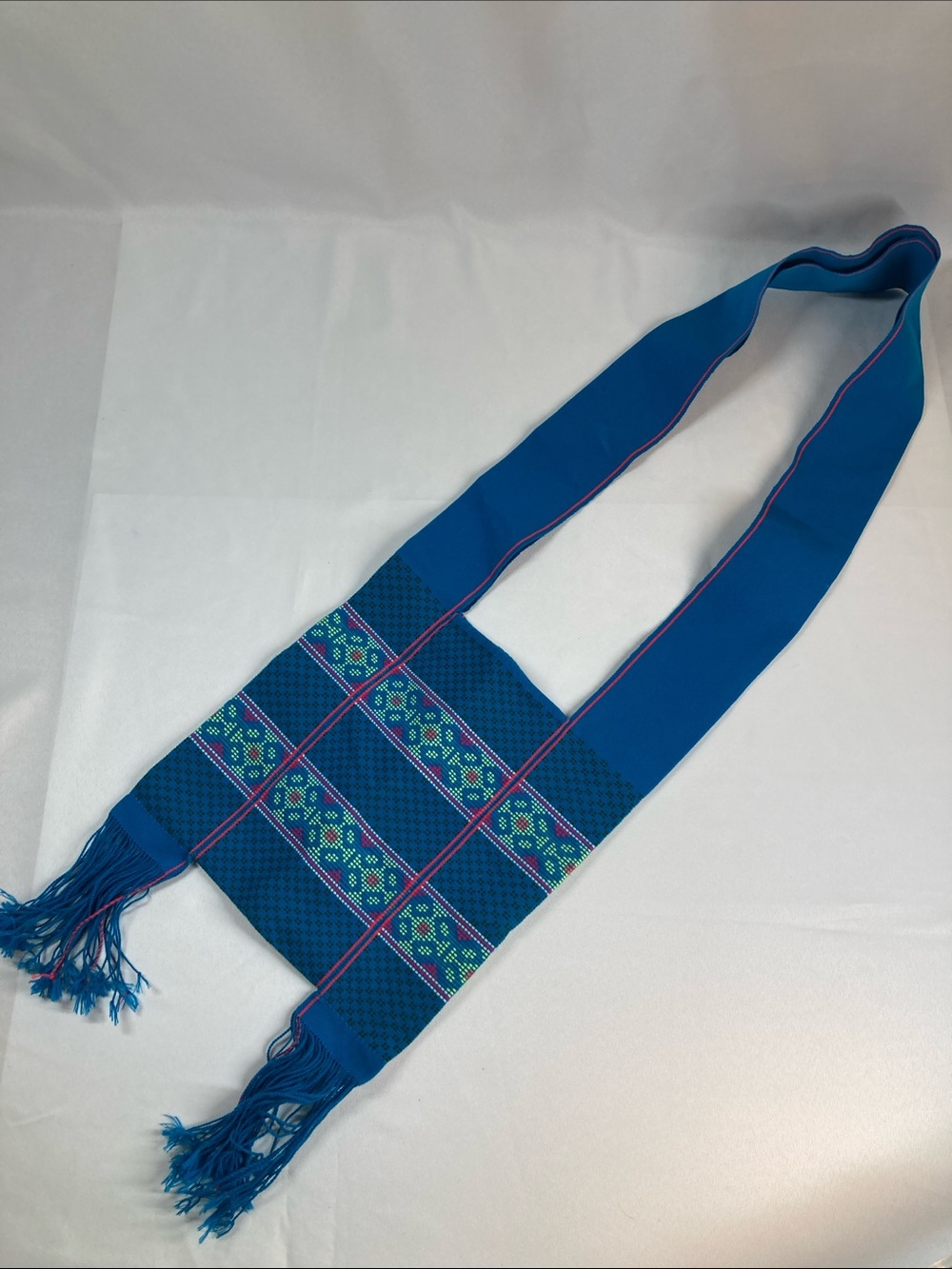 Handwoven Blue Geometric Patterned Shoulder Bag Tassel Fringe Handmade W/O Tag
